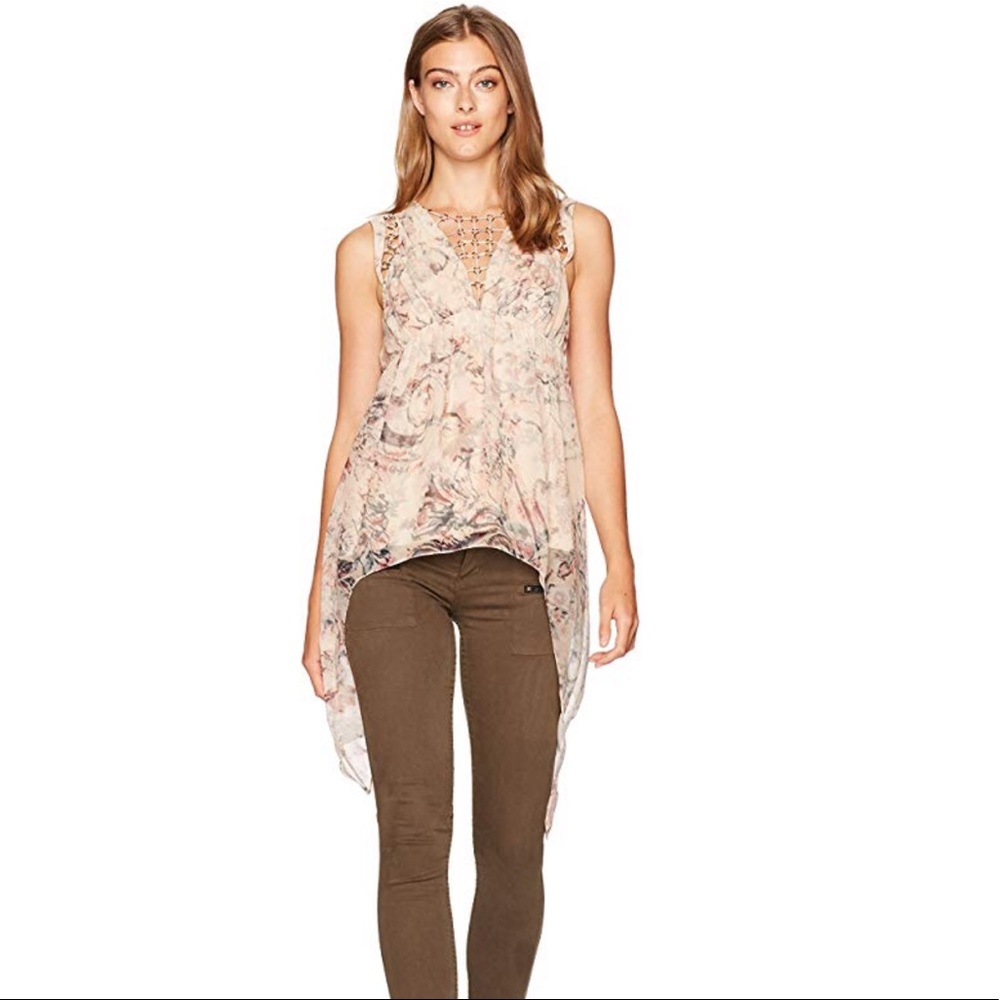 Haute Hippie pink beige Floral chain Plunge Sleeveless Asymmetrical Silk Blouse